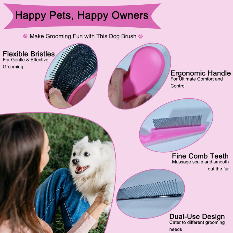 3 PCS Puppy Brush Grooming Kit, Stainless Steel Flea Comb, Fit for Yorkie, Shih Tzu, Maltipoo, Soft Bristle (Pink) Pink - PawsPlanet Australia