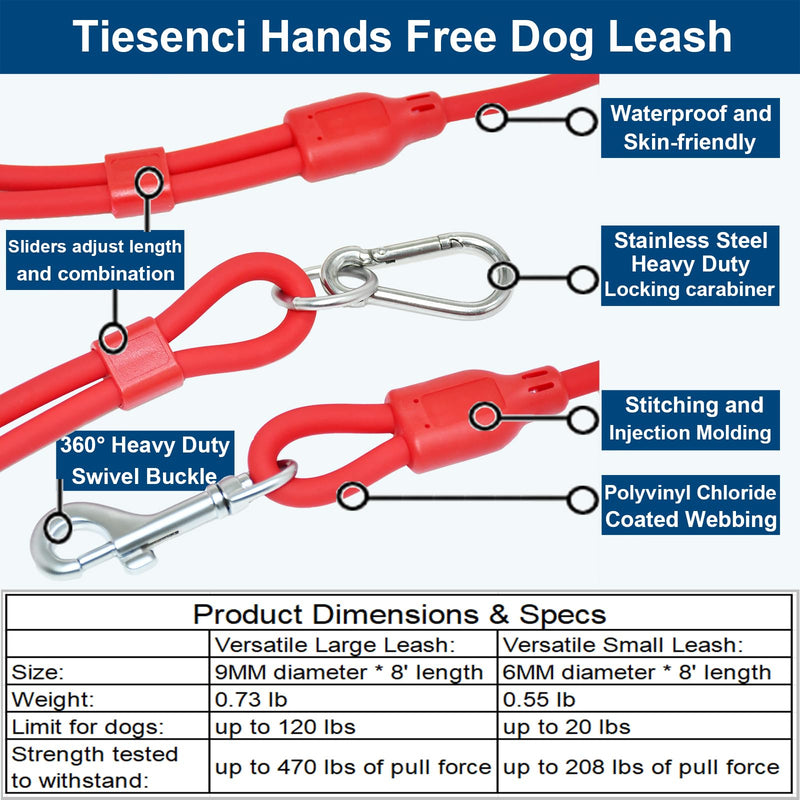 Hands Free Dog Leash Crossbody & Waist for Walking, 9-in-1 No Pull Dog Harness & Leash Set, Heavy Duty Waterproof Slip Lead for Large Medium Breeds (20-120lbs, Red) Large - 9mm Diameter - 20-120lbs Neon Coral - PawsPlanet Australia