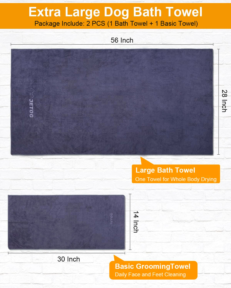 2-PCS Absorbent Dog Towel for Fast Drying Dogs of Large Medium Small with 56x28 Inch Extra Large Bath Towel and 30x14 Inch Daily Use Paw Towel, 100% Microfiber Pet Grooming Towel Set, Gray XL:56x28 Inch + S:30x14 Inch - PawsPlanet Australia