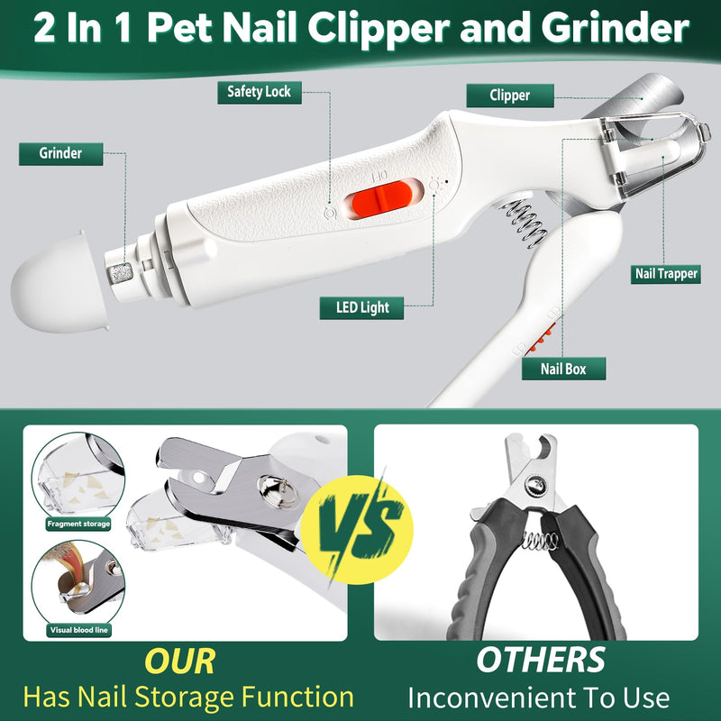 2 in 1 Dog Nail Clippers & Cat Nail Clippers Trimmers for Large Medium Small Dogs Cats Claw Trimmer Quick Sensor and Safety Guard USB Rechargeable Dogs Nail Trimmer with Catcher & 2 LED Lights White - PawsPlanet Australia