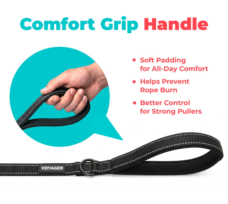 Voyager Reflective Dog Leash with Neoprene Handle, 6ft Long, Supports Small, Medium, and Large Breed Puppies, Cute and Heavy Duty for Walking, Running, and Training - Black, L Leash (Black) 1" x 6ft - PawsPlanet Australia