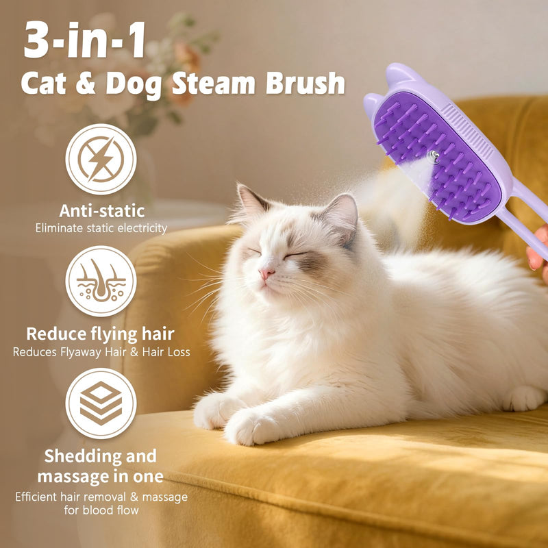 Cat Steam Brush for Shedding, Spritz Defur Comb 3 in 1 Pet Rechargeable Steam Brush Tool for Long and Short Haired Cats and Dogs, Anti-Static, Shedding, Detangling, Massage & Combing (Purple) - PawsPlanet Australia