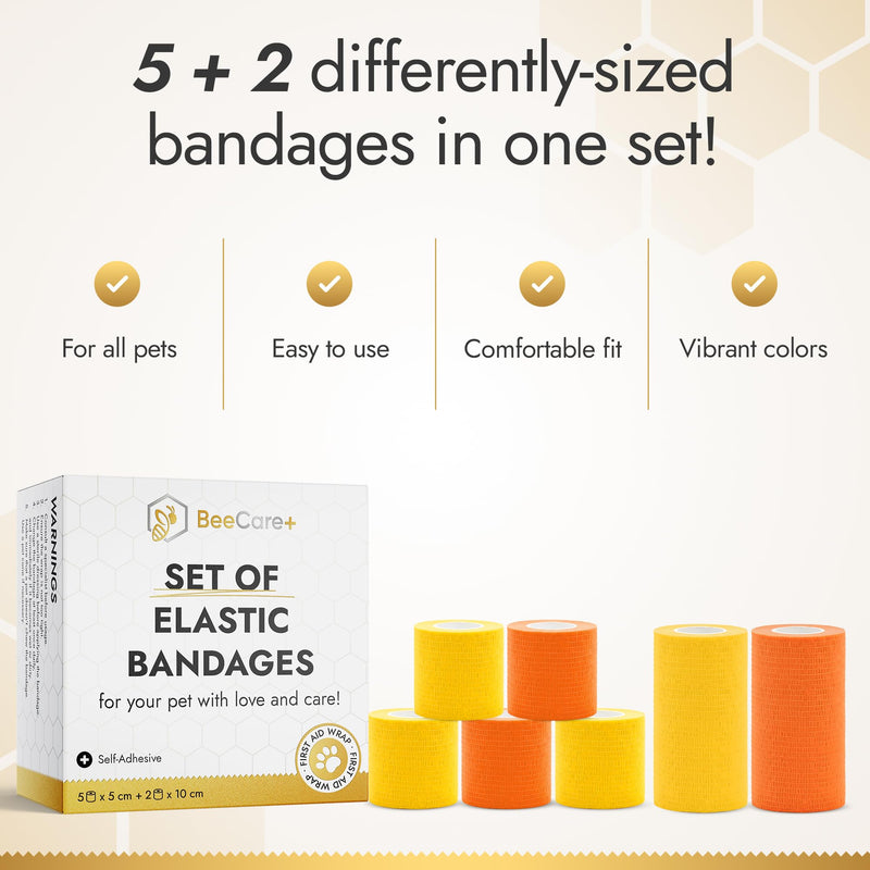 Self-Adhesive Elastic Dog Bandages for Wounds Protect from Licking, Dirt and Scratching – Set of Wraps from Natural Rubber Latex – Dog Bandage for Large & Small Pets – 5 х 5 cm + 2 х 10 cm Rolls 5 pcs x 5 cm + 2 pcs x 10 cm
