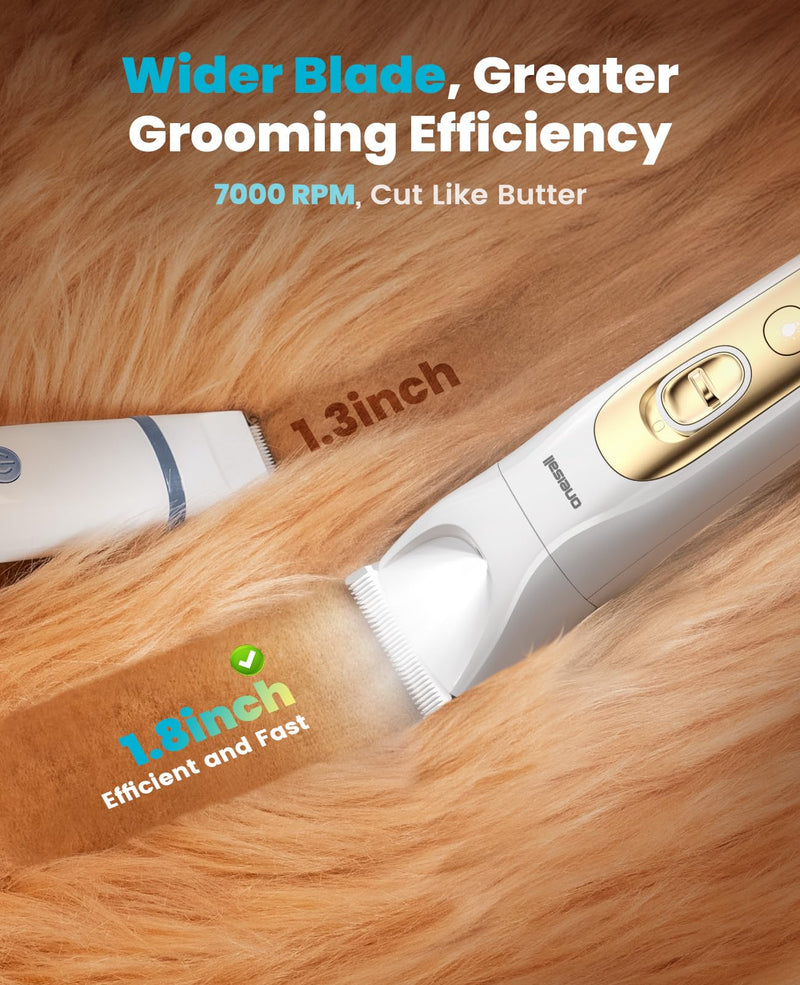 oneisall Quiet Dog Grooming Kit 4 in 1, LED Light Dog Nail Grinder, 2000mAh Pet Grooming Clippers Paw Trimmer for Paw, Nail, Face, Ears, Legs, Body with Storage Bag Gold