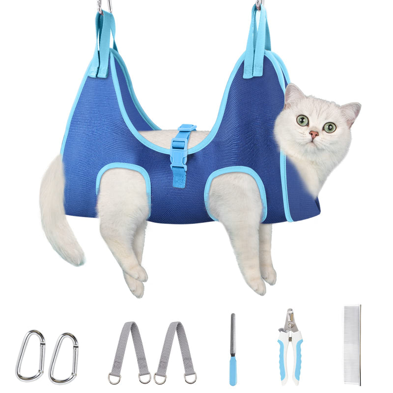 Supet Cat Grooming Hammock Harness for Cats Dogs, Relaxation Cat Nail Trimming Restraint, Restraint Dog & Small Cat Sling for Grooming Dog Grooming Helper for Nail Trimming Clipping Grooming XS（ Legs Spacing：6-9.5" / Max W：5-10LBS） Blue