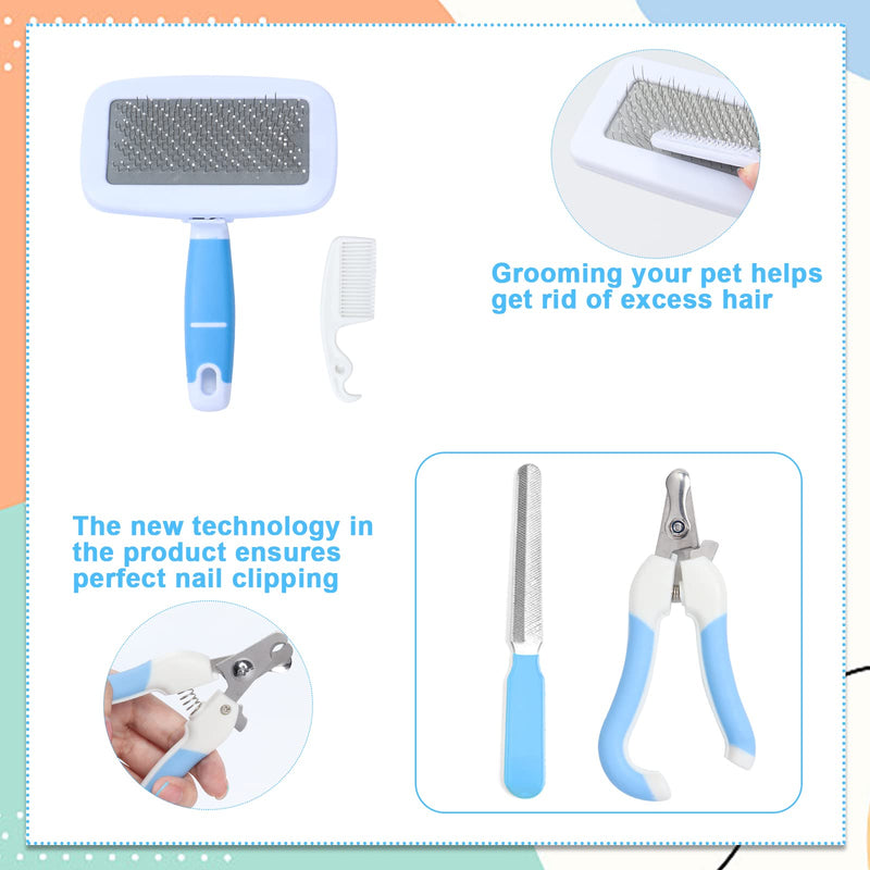 VCZONE Small Animal Grooming Set: Pet Nail Clipper & File, Flea Comb, Shampoo Brush, Shedding Slicker Brush, Massage Glove, Cleaning Comb (Blue) Blue - PawsPlanet Australia