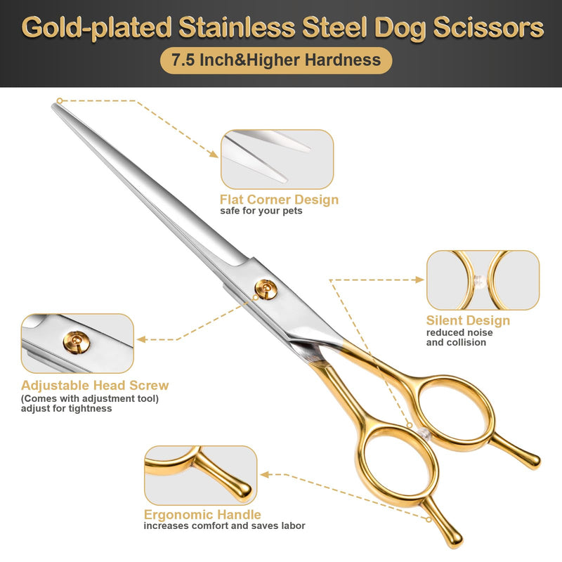 6 in 1 Dog Grooming Scissors Set - Durable Stainless Steel Golden Dog Grooming Shears Curved, Thinning & Straight - Poodle Grooming Kit Dog Groomer Gifts with Safe Tips for Home DIY/Professional Use - PawsPlanet Australia