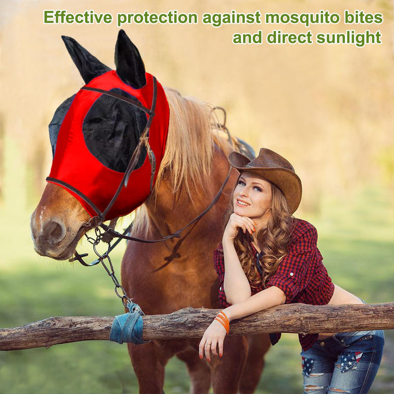 Horse Fly Mask with Ears, Comfortable Fit Stretch Fabric with UV Protection Soft on Skin Breathability for Small/Medium Size Horses (Red) Red Large (For 13.2-15.2 hand horse) - PawsPlanet Australia