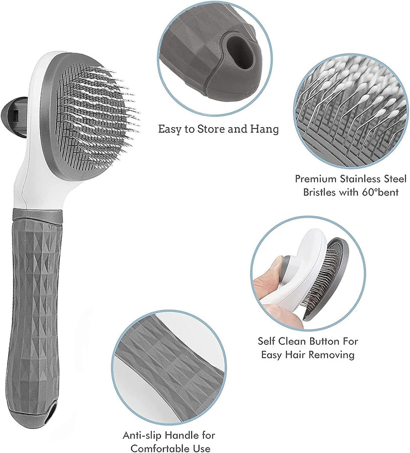 Cat Brush for Shedding Dog Brush with Release Button Hair Comb, Cat Grooming Slicker Brushes Kit, Self Cleaning for Dog Pet, Cat Fur Brush for Long or Short Haired Cats Kitten Pets (Grey) - PawsPlanet Australia