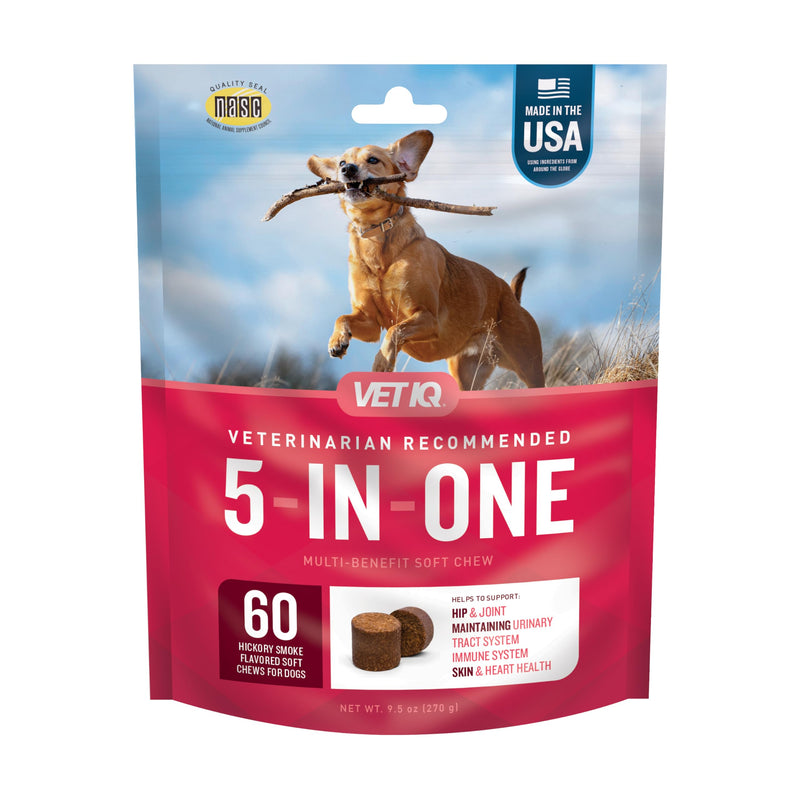 VetIQ 5-in-One Supplement for Dogs, Supports Hip & Joint, Urinary Tract, Immune System, Skin Health and Heart Health, Soft Chews, Made in The USA, 60 Count (Packaging May Vary)