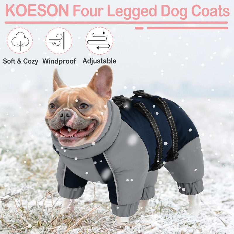 KOESON Four Legged Winter Dog Jacket with Adjustable Buckles, Turtleneck Windproof Fleece Jacket, Reflective Fullbody Puffer Coat Blue Grey L Large