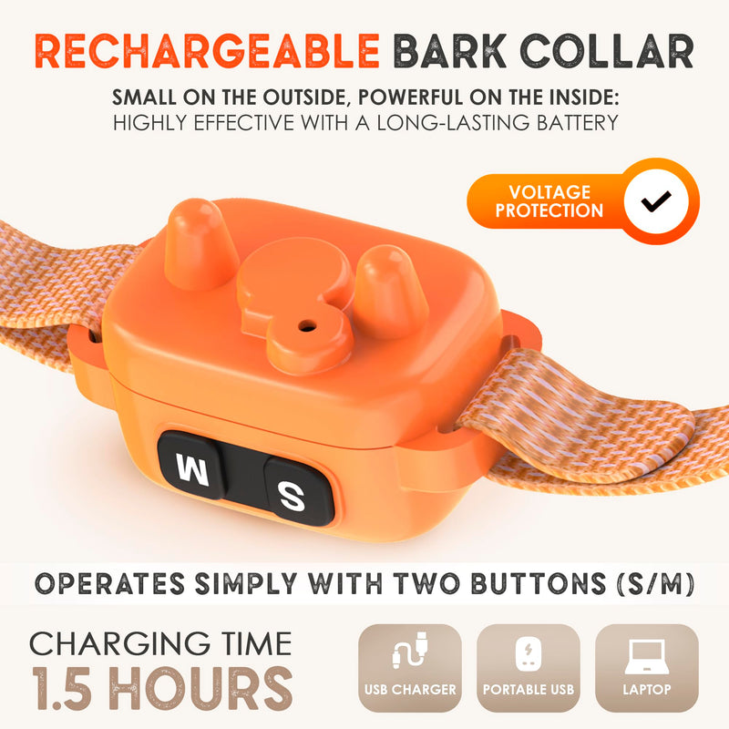 Tiny Bark Collar for Small Dogs 5-15 lbs and Puppies - No Shock Anti Barking Collar - Rechargeable Smart Collar for Dog Training with 7 Sensitivity Levels and 3 Beep&Vibration Modes (Pure Orange) Pure Orange