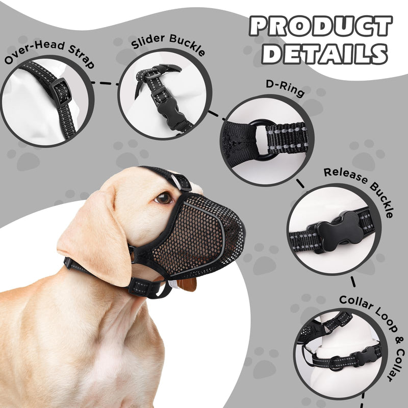 Dog Muzzle,Mesh Soft Muzzle for Small Medium Large Sized Dogs, Breathable Reflective Adjustable Puppy Muzzles with Collar for Scavenging Grooming Biting Chewing,Allows Panting and Drinking Black Mesh L - PawsPlanet Australia