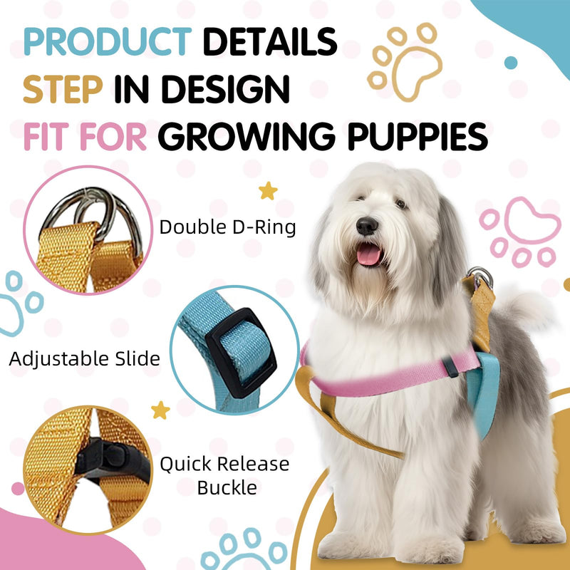 Tri-Color Dog Harness - Adjustable Step-in Design, Heavy Duty, Easy Walking Harness for Small Dogs - Blue Pink S: 4/5"W x Chest 16" - 20" Blue Pink Orange - PawsPlanet Australia