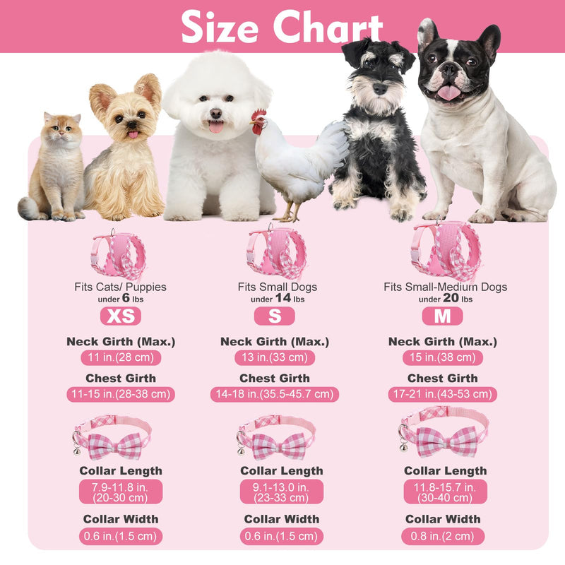 EXPAWLORER Cute Dog Harness Collar Leash Set - Pink Girl Dog Harness Checkered Step-in Design, Detachable Bow Pet Collar, Adjustable No-Choke Lightweight Mesh Vest for Cats Puppy Small Dogs, S Pink (with Collar) - PawsPlanet Australia