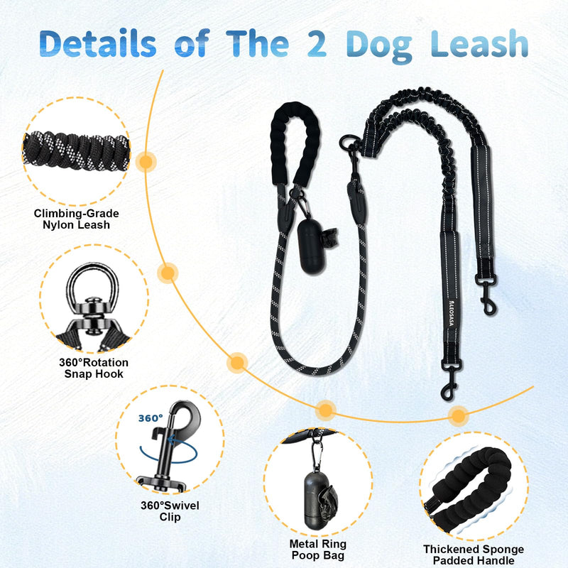Double Dogs Leash - Removable Main Lead Rope with Splitter, No Tangle 2 Dog Coupler, Reflective No Pull Bungee, 3 Handle, D-Ring, Extra Long for Walk Train Medium Large Two Pet (Black) Black - PawsPlanet Australia
