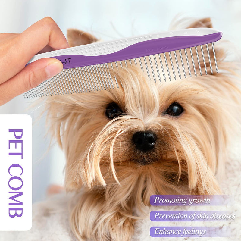 Dog Comb, OneCut Pet Grooming Tool for Removing Tangles Knots and Matted Fur, Wide and Narrow Teeth Comb Design for Dogs and Cats (Purple) Purple