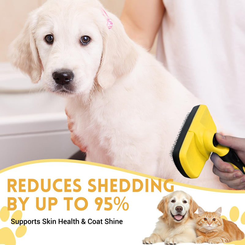 Large Self Cleaning Deshedding Brush for Dogs & Cats - One Button Hair Release Grooming Tool, Gentle Massage Brush for Long and Short Hair (Yellow) Yellow - PawsPlanet Australia