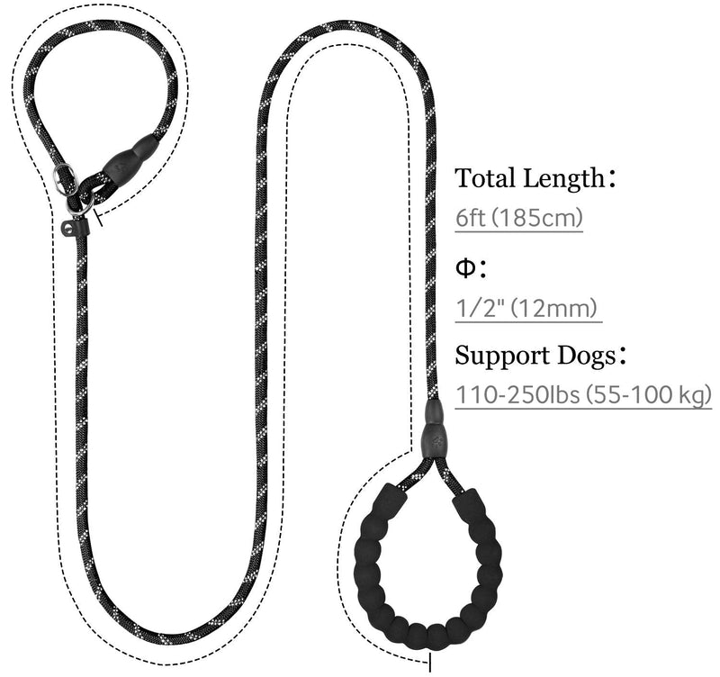 TagME Slip Leads for Dogs, 6 FT Heavy Duty Slip Leash with Padded Handle, Strong Rope No Pull Pet Training Leash for Large Dogs,Black L-1/2"x6'(110-250lbs) Black - PawsPlanet Australia
