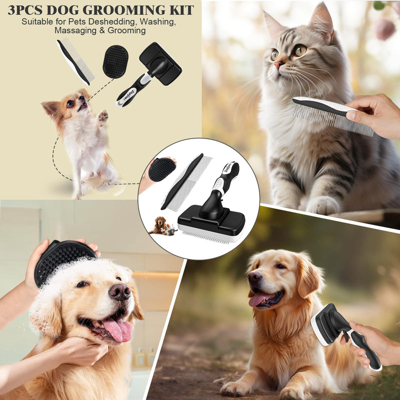 3PCS Dog Brush, Slicker Brush for Dogs, Dog Brush for Shedding, Dog Comb, Dog Bath Brush, Dog Grooming Kit Suitable for Hair Removal and Bathing of Dogs & Cats (White Black) White Black - PawsPlanet Australia