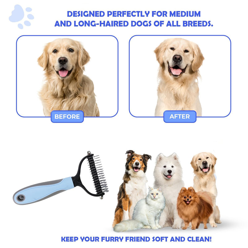 Double Sided Pet Dematting Comb - Effortless Detangling and Deshedding Tool for Dogs Cats, Tangle-Free Grooming with Blue Handle - PawsPlanet Australia