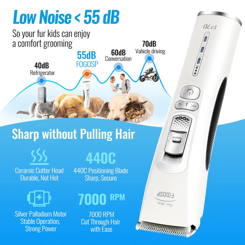 Dog Clippers for Grooming with 1 Dog Grooming Comb 3-Speed Low Noise Powerful Rechargeable Cordless Pet Grooming Trimmers for Small & Large Dogs Cats Pets with Thick & Heavy Coats GroomingClippers(White) - PawsPlanet Australia