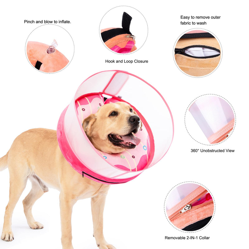 Inflatable Dog Cone Collar for Large Medium Small Dogs, Soft Dog Donut Collar Adjustable Recovery Cone for Pets After Surgery, Extra Enhanced Anti-Licking Guard Shield (Pink Donut, Large) Pink Donut - PawsPlanet Australia
