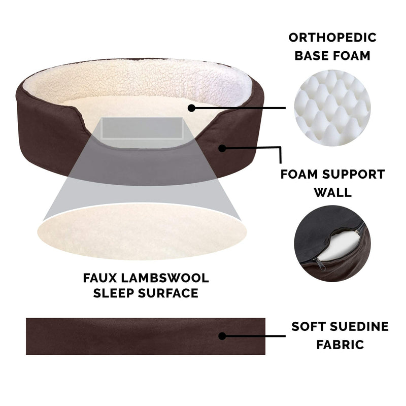 Furhaven Orthopedic Dog Bed for Small Dogs w/ Removable Washable Cover, For Dogs Up to 12 lbs - Sherpa & Suede Oval Lounger - Espresso, Small Sherpa & Suede Espresso - PawsPlanet Australia