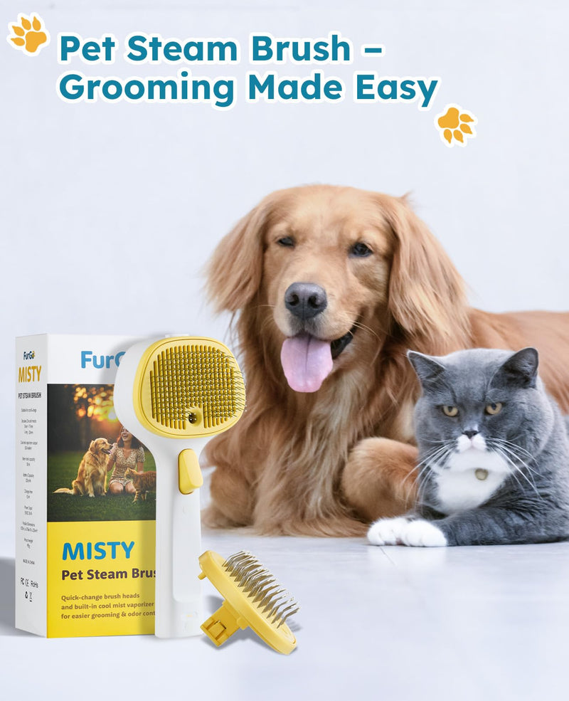 Cat Steam Brush for Cats & Dogs, Pet Steam Brush 3-in-1 with 2 Mist Modes, One-Touch Self Cleaning, Magnetic Safe Charging, Cat Hair Brush for Shedding, Dog Brush for Shedding, Yellow (Long Head) Yellow - Long Head