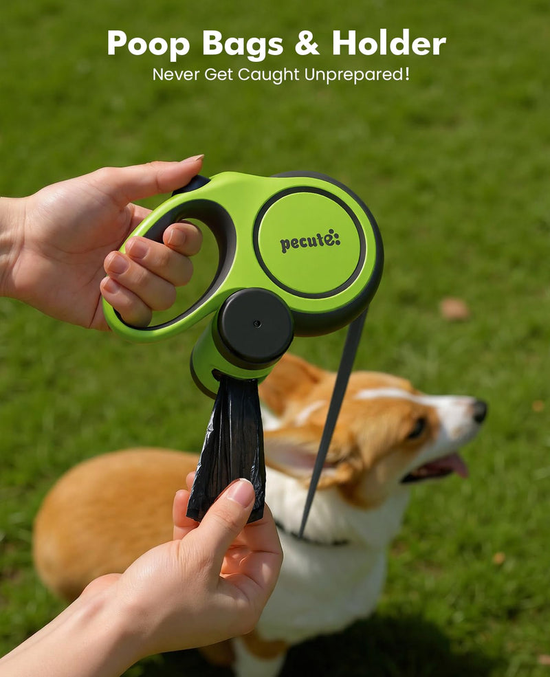 Pecute16ft Retractable Dog Leash with Chew Proof Extender 18'', Lightweight Dog Retractable Leash with Poop Bag Holder, Anti-Slip Grip, Leashes for Puppy and Medium Dogs 11lbs-66lbs (Green) Green 16ft| up to 66 lbs| chew proof extender - PawsPlanet Australia