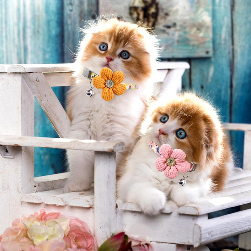 2pcs Kitten Collars with Bells, Adjustable Cute Collars for Girl Dogs, Breakaway Cat Collar Girl with Knitted Flowers & Safety Buckle for Cats and Puppy Dog (Pink, Yellow) - PawsPlanet Australia