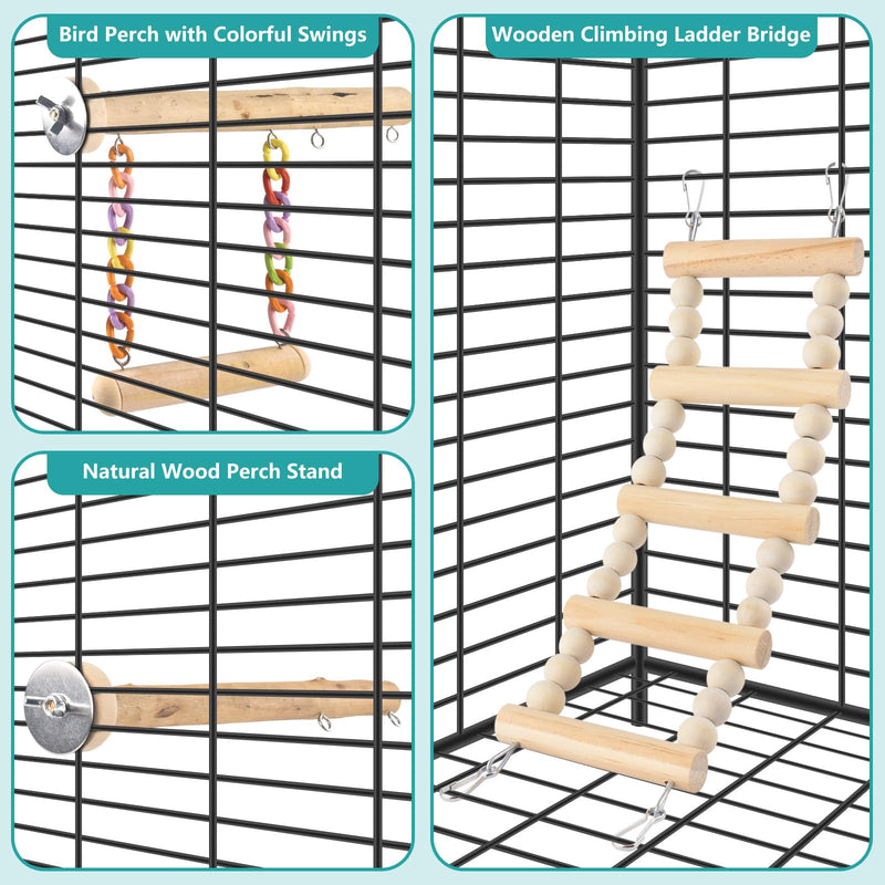 Bird Perches Ladder with Swing, Natural Wood Parrot Climbing Bridge Perch Toys, Exercise Play Stand Parakeet Cage Accessories for Budgie Cockatiel Green-Cheeked Conure Caique 4 in 1