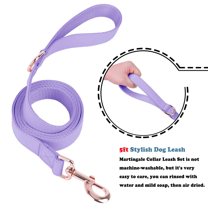 Soft Leather Martingale Dog Collar - Adjustable Rose Gold Limited Slip Collars [Easy to Clean], Stylish Durable Heavy Duty Nylon No Pull Training Collar for Small Medium Large Dogs (M, Set Purple) M (Neck 14"-21", Width 1") - PawsPlanet Australia