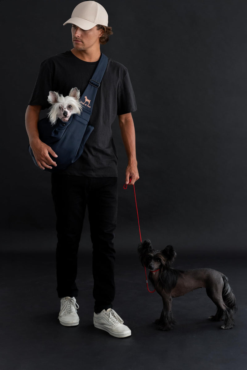 Noah & Paw Dog Sling Carrier for Small Dogs 5-18lb, Dog Sling for Small Dogs and Cats, Dog Carrier with Adjustable Padded Strap, Premium Twill, Lined with Fur, Double Safety Feature, Machine Washable Navy Blue 46 cm L x 33 cm W x 17 cm H - PawsPlanet Australia