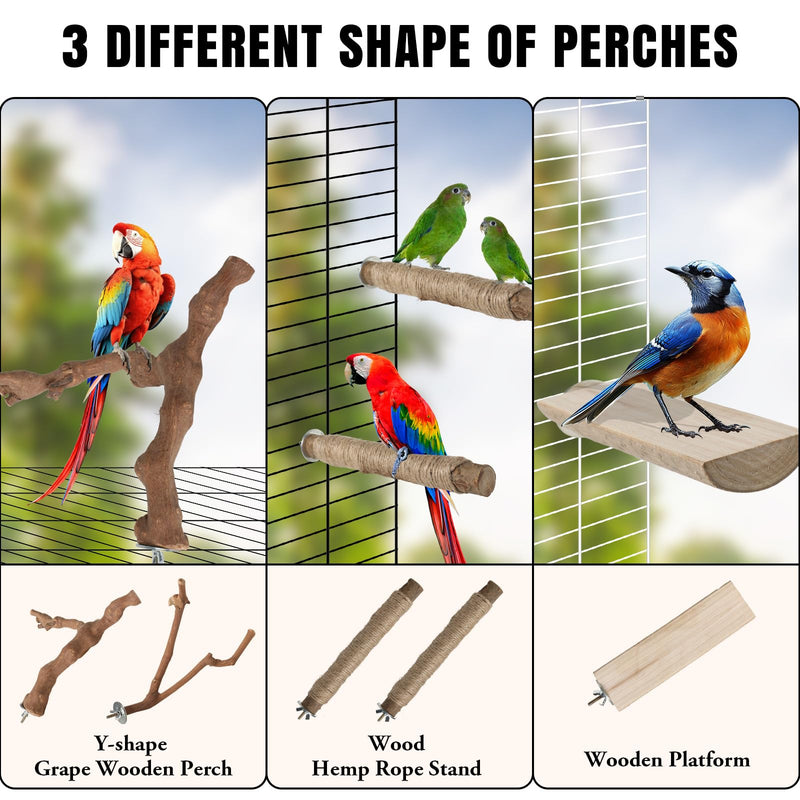 REHALY Large Bird Perch Stand, 5PCS Bird Perch Set - Natural Wood Grape Sticks, Paw Grinding Forks, Stand & Toys for Parakeets, Cockatiels, Conure, Budgies, Birds Cage Accessories - PawsPlanet Australia