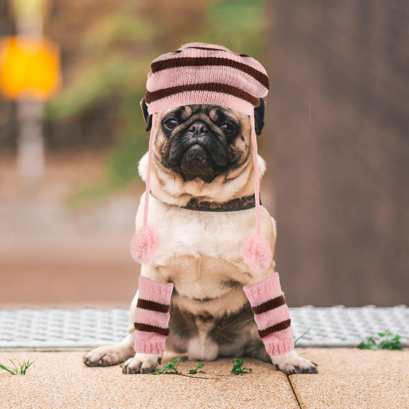 POPETPOP Knitted Winter Dog Scarf Hat Set - Winter Warm Caps Neck Warmer Knitted Scarf Hat Leg Warmers Knitted Hat for Dogs Pink M - PawsPlanet Australia