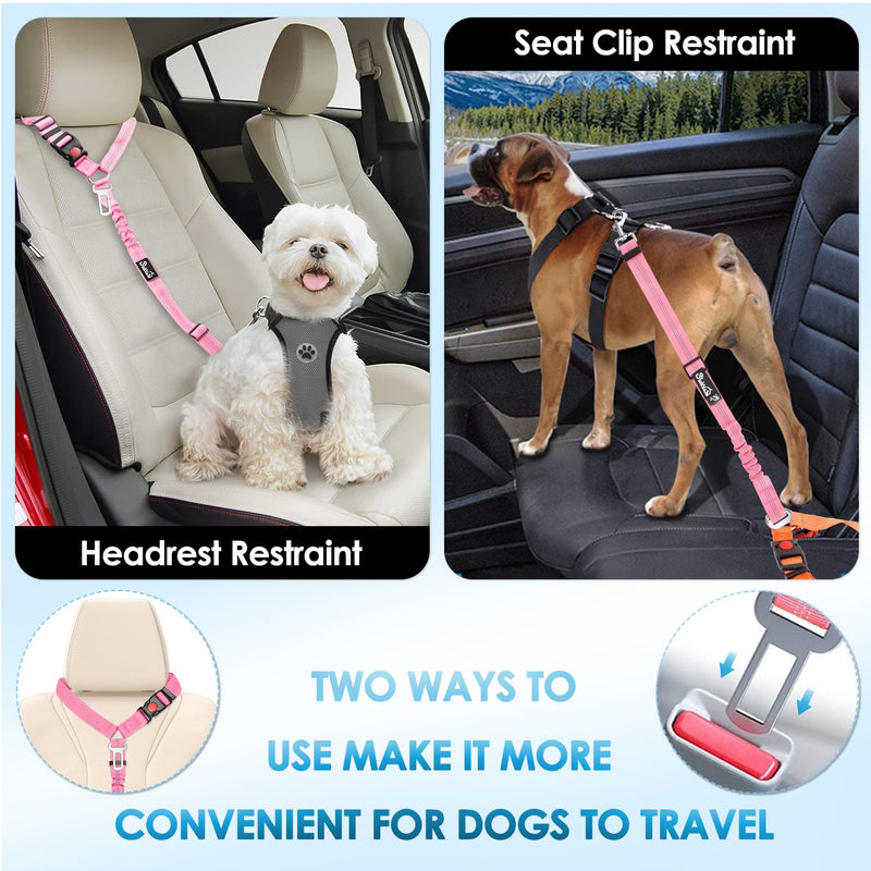 Lukovee Dog Seatbelt Leash for Cars, 2 Pack Pet Safety Car Seat Belt with Adjustable Buckle & Reflective Bungee, Connect Dog Harness in Vehicle Car Dogs Restraint Travel Daily Use (Pink) A-Pink A- Headrest with Clip + 2 in 1 Seat Belt