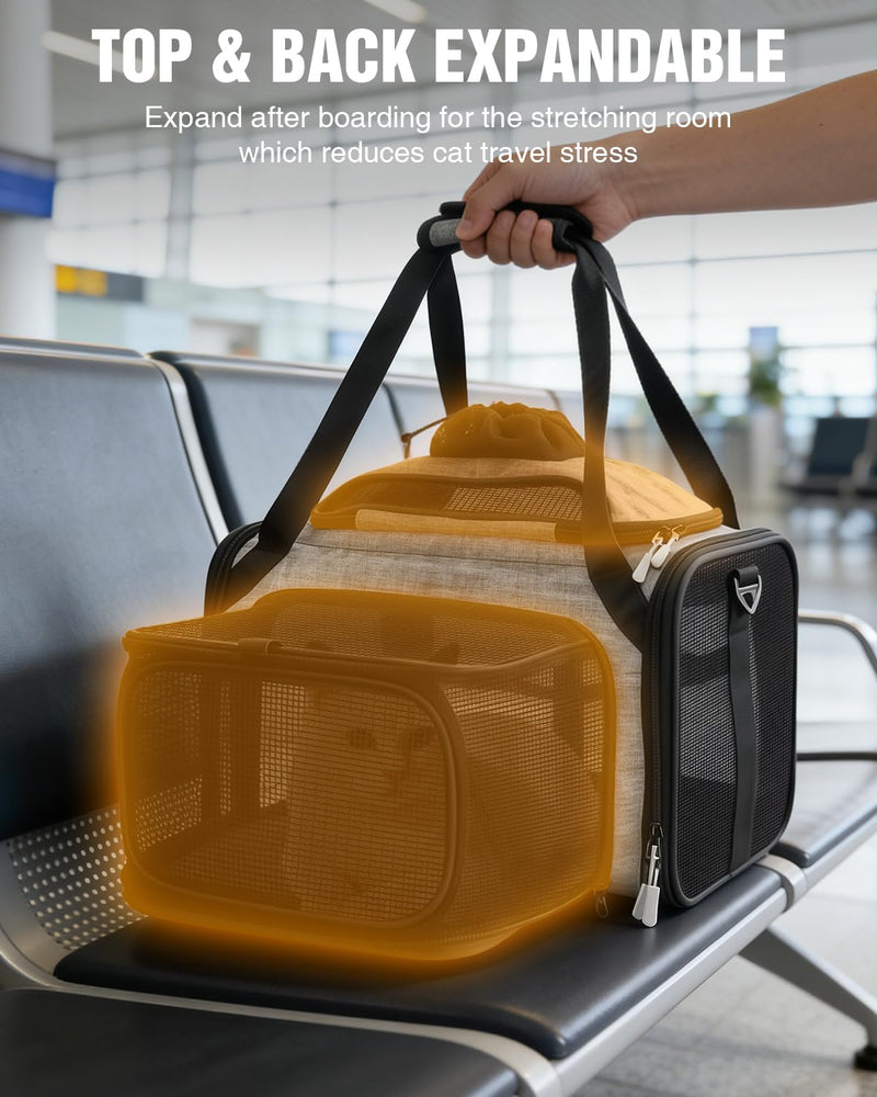 PETUX Top and Side Expandable Pet Carrier for Small Pets Up to 10 lb - 17 x 11 x 9.5 in, Underseat, Soft-Sided Airline Approved Cat Dog Carrier, with Safety Buckle and Anti-Scratch Mesh - Grey - PawsPlanet Australia