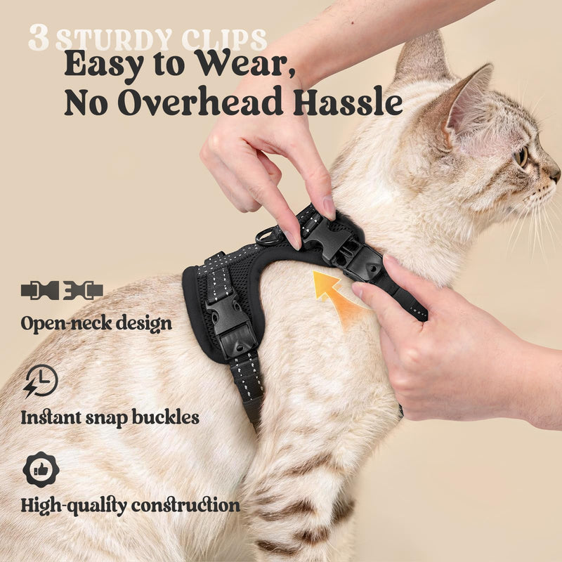 rabbitgoo Cat Harness and Lead Set, Escape Proof Kitten Harness with 3 Adjustable Buckles, Soft Comfortable Cat Vest with Leash, Easy to Wear, Reflective for Safe Outdoor Walking, Small, Black - PawsPlanet Australia