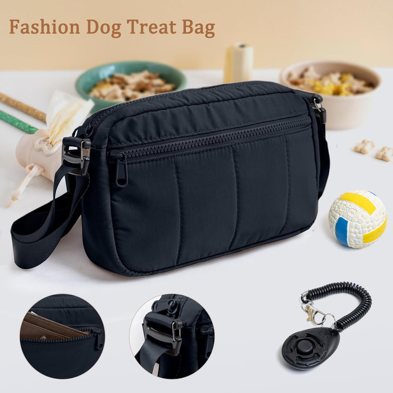Fashion Dog Treat Pouch with Clicker Stylish Crossbody Dog Walking Bag, 3-in-1 Dog Training Treat Pouch with Removable Waterproof Liner, Treat Holder Waist Bag for Puppy Training & Daily Walks Black