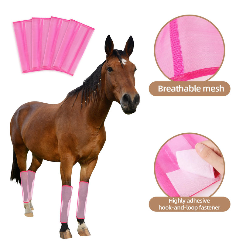 Horse Tail Wrap Protector & 4 Fly Boots Set, Breathable Mesh Leg Wraps & Adjustable Tail Guard for Fly & Mosquito Protection in Stable, Trail Black, Pink - PawsPlanet Australia