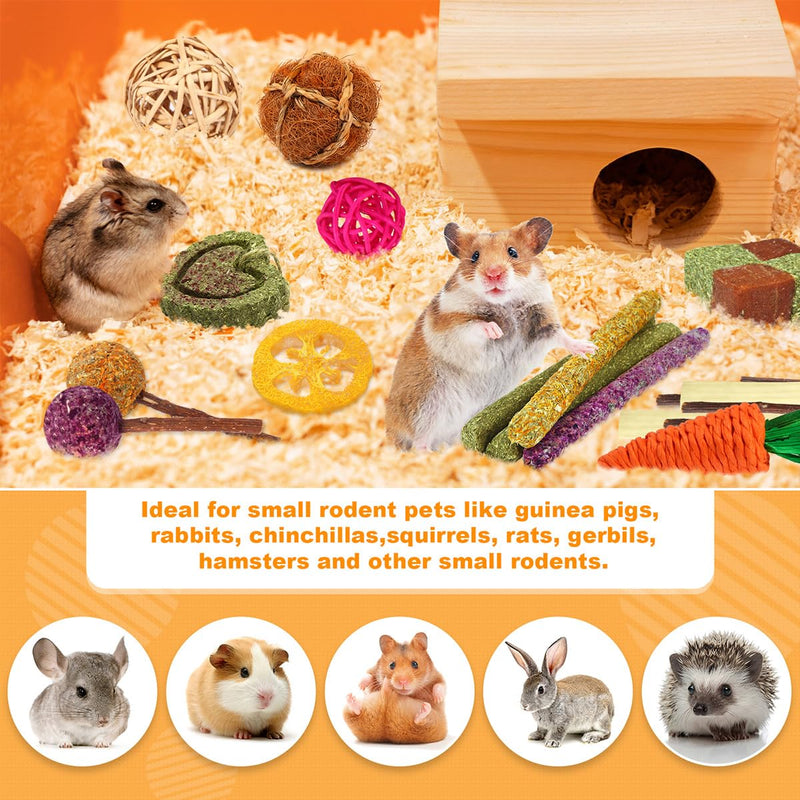 Rabbit Toys Bunny Chew Toys for Teeth, Hamster/Guinea Pig Toys Natural Timothy Hay Sticks Treats Balls and Apple Wood Sticks for Chinchilla, Guinea Pig, Hamster Pet Chew and Play Bundle