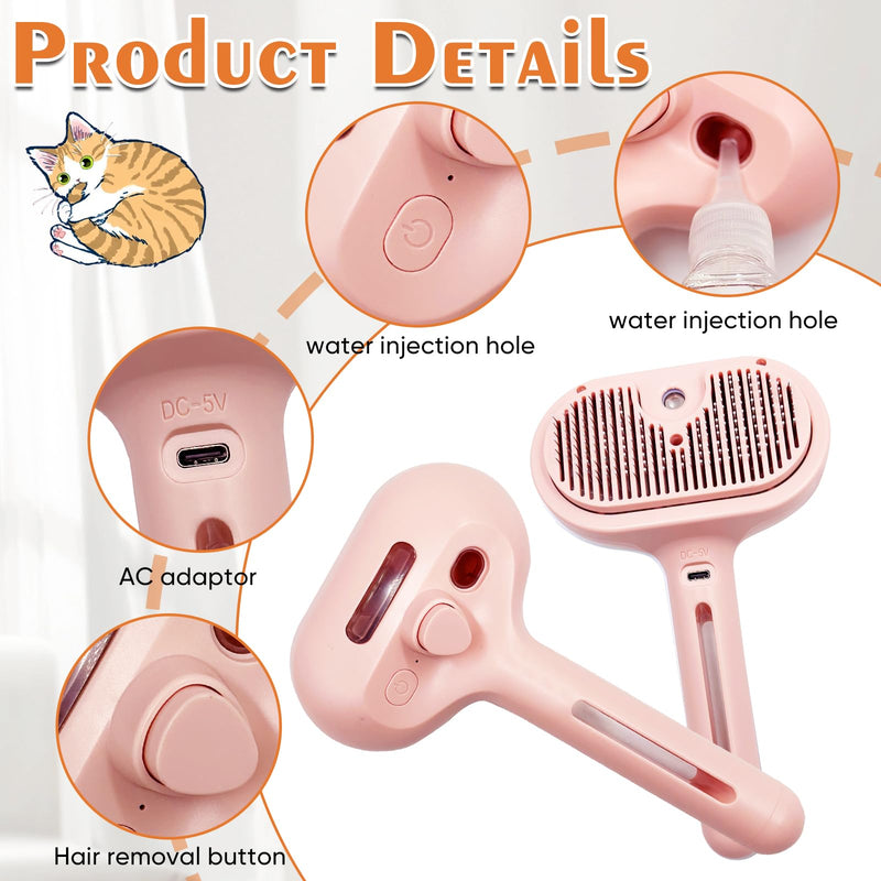 Cat Steam Brush with Release Button, Pet Spray Brushes for Shedding & Grooming, Mist Comb for Pet Long Short Haired, Steamy Brush for Cats Removing Loose Fur and Massage (Pink) Pink - PawsPlanet Australia