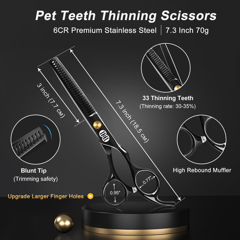 CIICII Dog Grooming Scissors Kit, 7 Inch Professional Pet Grooming Scissors Set with Safety Round Tip (Dogs/Cat Hair Cutting Trimming Thinning Shears with Curved Scissor) for DIY Home Salon (Black) Black Dog Grooming Scissors - PawsPlanet Australia