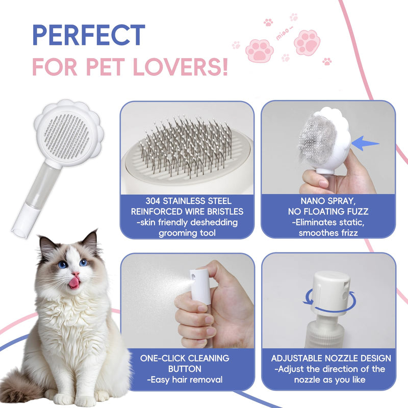 Cat Brushes For Indoor Cats, Cat Shedding Brush With Pet Flea Comb & Pet Nail Clippers, Slicker Brush For Dogs & Rabbit Grooming Kit, Spray Hair Removal Comb With Release Button & Visual Spray, White - PawsPlanet Australia