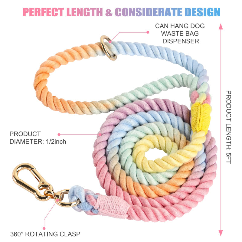 5 FT Dog Leash Handmade Braided Rope Dog Leash for Small Medium and Large Dogs, Colorful Macaron 5FT x 1/2in (Pack of 1) - PawsPlanet Australia