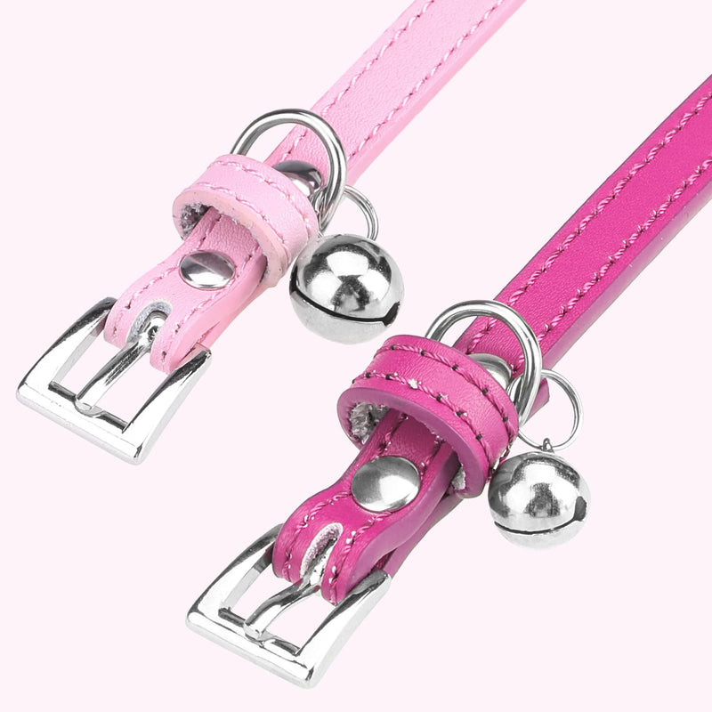 PUPTECK 2 PCS Soft Leather Cat Kitten Collar with bells Adjustable for Girl Boy Cats Puppy Rose&Pink