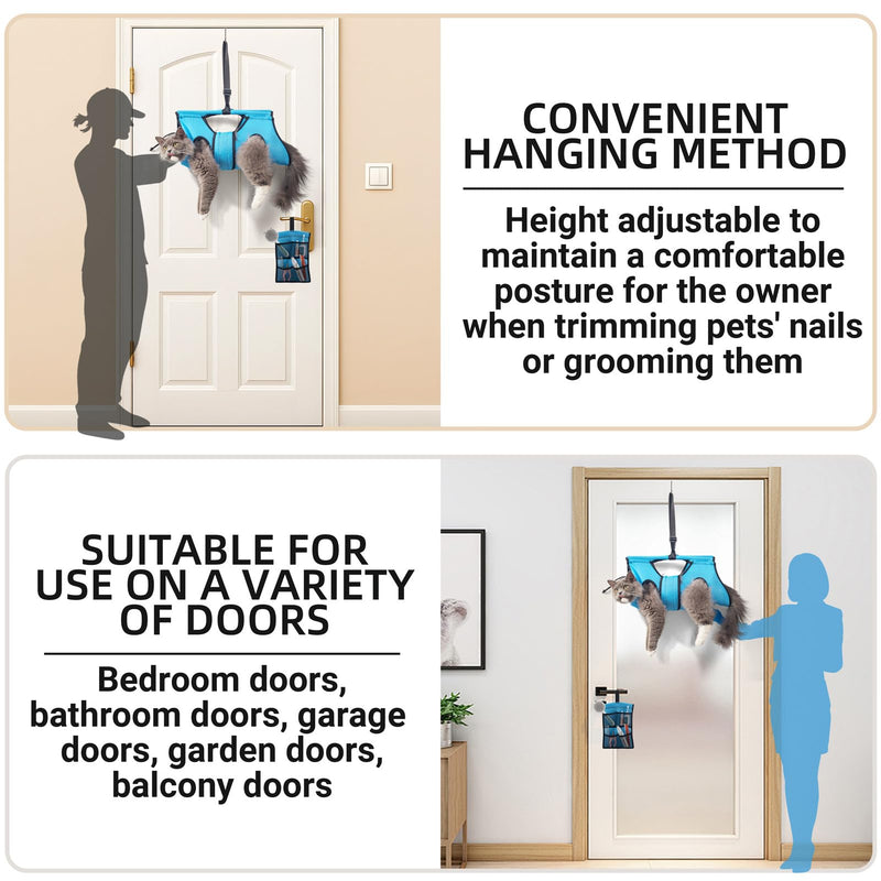 Pet Grooming Hammock for 10-20 lbs Pets - Door-Hook Hanging, Adjustable Height with Full Straps, Machine Washable, 1 Tool Bag Included, Blue