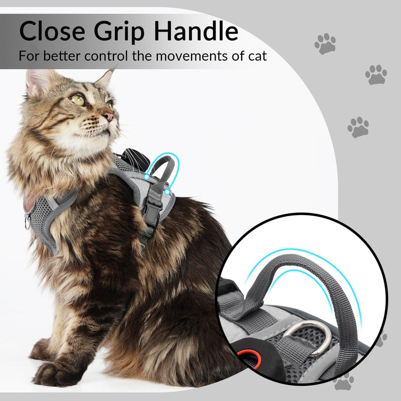 Cat Harness and Leash Set With AirTag Holder, Upgraded Escape Proof Adjustable Kitten Vest with Lead for Small Cat Outdoor Walking, Soft Breathable Mesh Jacket with Reflective Strips M, Gray Grey
