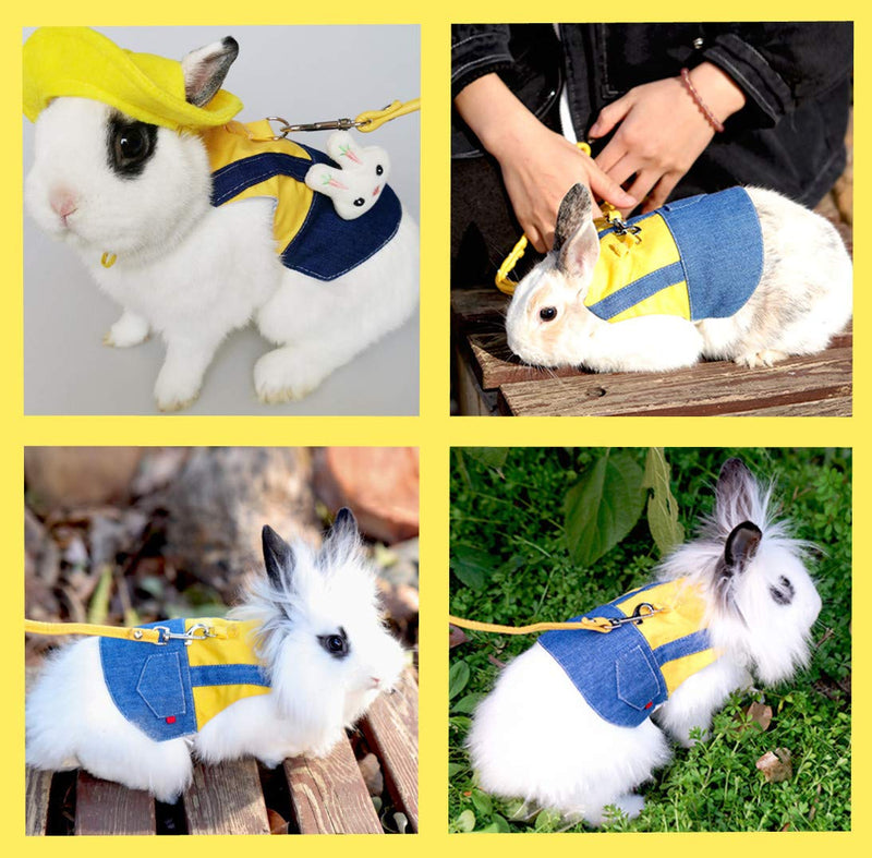 Guinea Pig Clothes,Soft Bunny Ferret Clothes with Pet Rabbit Harness and Leash Mini Hat Bag Cute Brooch for Kitten Small Animal Collars Medium ADenimYellow - PawsPlanet Australia